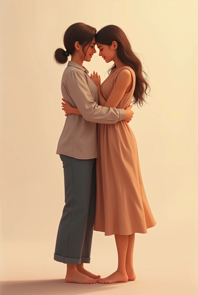 Person in the right hugs the left person and the left person hugs the right person,