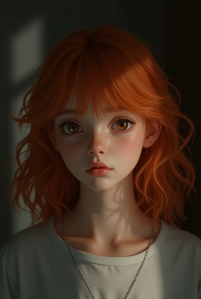 a boy with white skin; long, wavy shoulder length orange hair; with wavy bangs in 4K as realistically as possible!! Make his hair long, the dark brown eyes. Do it with your eyes slightly closed and in a dark room.