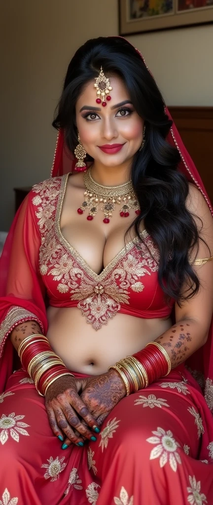 FULL BODY PICTURE, in MEHANDI HENNA ON BOTH HANDS, Indian bride underarms, SHOWING HER ARMPITS, BBW ,In Veil , Wet curvy, busty Desi Mommy in BIKINI and showing her big showing cleavage inside BIKINI sleeveless blouse and Nose Ring, many bangles in both hands,Earings, Necklace ,Lipstick ,Navel,Indian, Chubby, showing her curves , sitting on the bed,