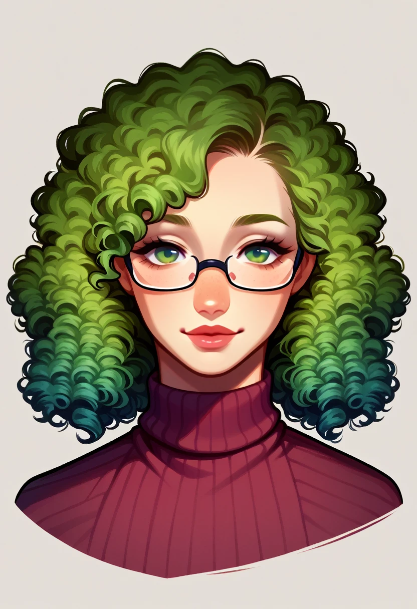 score_9, score_8_up, score_7_up, BREAK 1girl, izzytd, curly hair, turtleneck sweater, glasses, portrait,
