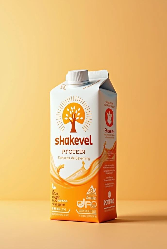 I need an orange protein shake, in the name "shakevel", in a box, with light orange and dark orange details, an orange tree in the package, I want the entire label in Portuguese, with information that it is zero added sugar, zero lactose, zero added fat, 100% protein, it has to have 230 ML, with lid to drink straight from the box, and all information in Portuguese - Brazil.