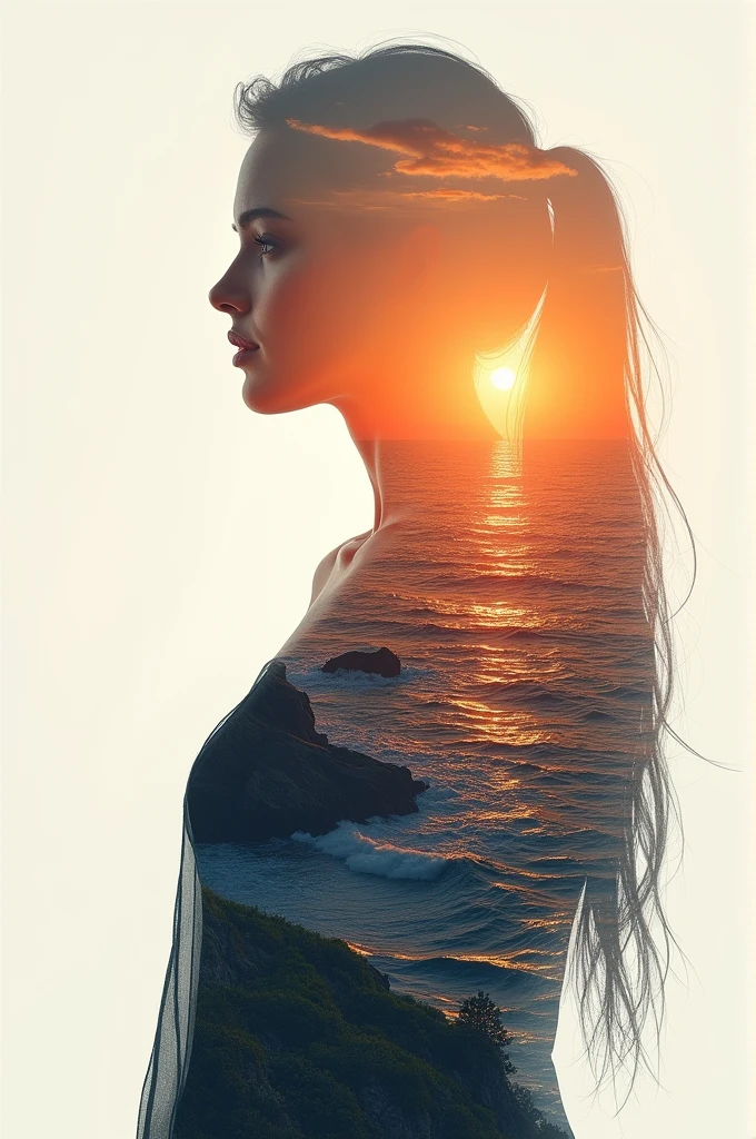 high quality, 8K Ultra HD, A beautiful double exposure that combines an goddess silhouette with sunset coast, sunset coast should serve as the underlying backdrop, with its details incorporated into the goddess , crisp lines, The background is monochrome, sharp focus, double exposure, by yukisakura, awesome full color,