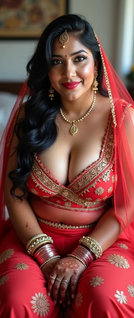 FULL BODY PICTURE, in MEHANDI HENNA ON BOTH HANDS, Indian bride underarms, SHOWING HER ARMPITS, BBW ,In Veil , Wet curvy, busty Desi Mommy in BIKINI and showing her big showing cleavage inside BIKINI sleeveless blouse and Nose Ring, many bangles in both hands,Earings, Necklace ,Lipstick ,Navel,Indian, Chubby, showing her curves , sitting on the bed,