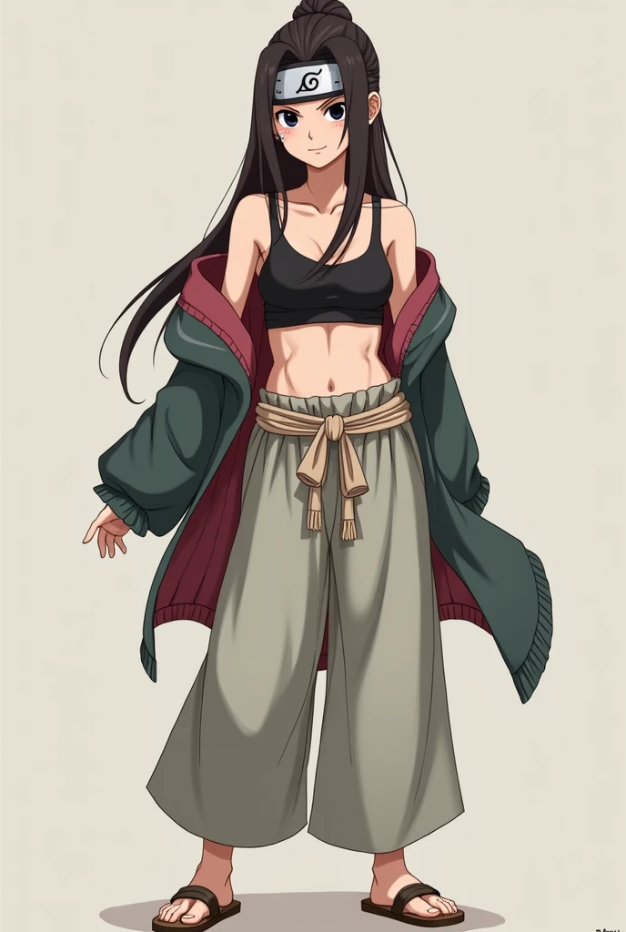 Une fille dans le style naruto.
Elle porte un bandana qui couvre le dessus de sa tête, laissant voir ses cheveux longs et bruns.
Ses yeux sont noirs et elle a un trou visible dans l'un de ses sourcils.
Son visage est assez masculin.
Son haut consiste en des bandages qui lui servent de brassière avec un kimono court qui s'arrête au niveau de sa taille et à manches courtes, ouvert. Elle a une pointerine assez plate.
Autour de sa taille, elle a une ceinture faite d'une grosse corde nouée qui laisse dépasser son pantalon au dessus avec des plis.
Elle porte un pantalon très large qui se resserre au niveau de la cheville et des tongs style japonais en bois.
Le résultat doit être vu de la tête au pied