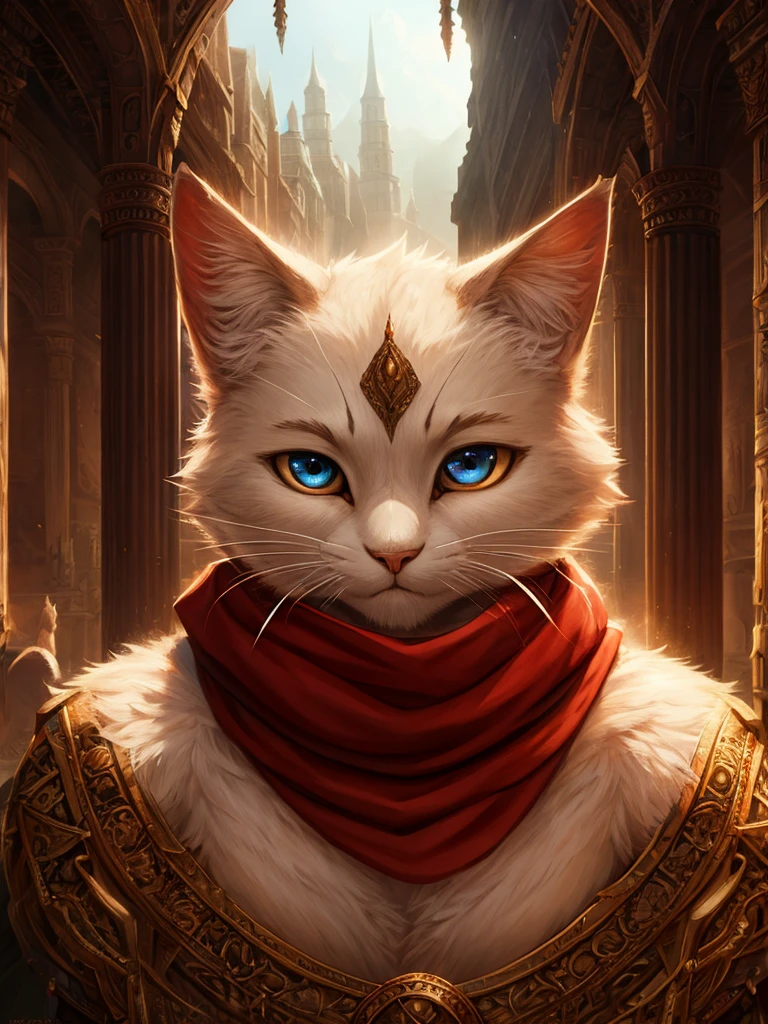 a white humanoid cat with red scarf,detailed facial features,expressive eyes,beautiful detailed face,detailed whiskers,RPG fantasy world,epic fantasy style,dramatic lighting,cinematic composition,intricate details,masterpiece,8k,high quality,photorealistic,vibrant colors,dramatic lighting,fantasy art