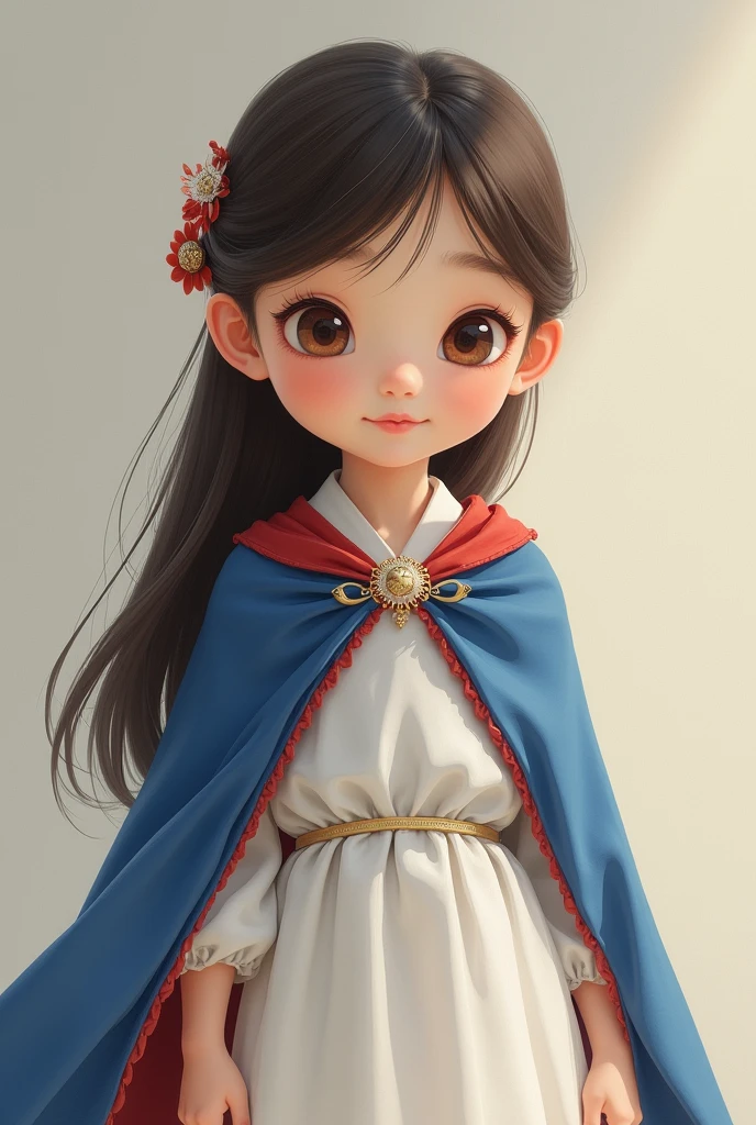Three-year-old girl with white skin , profiled face, big brown eyes , Loose straight brown hair, shoulder length, combed back without bangs, with a half ponytail and a wide forehead , dressed in a white amphon dress and an open royal blue cape with red edges
