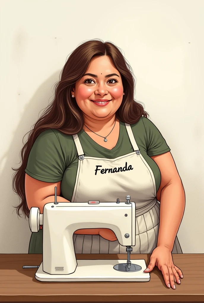 Drawing of a chubby Brazilian seamstress woman in the studio with a white sewing machine, long loose brown straight hair and small eyes. With an apron with the name Fernanda. White background only on the wall. 
