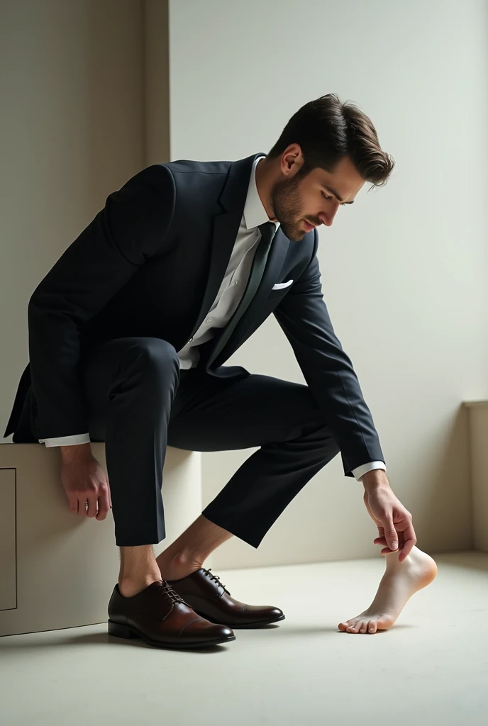 a suited guy wearing sheer socks taking off his shoes