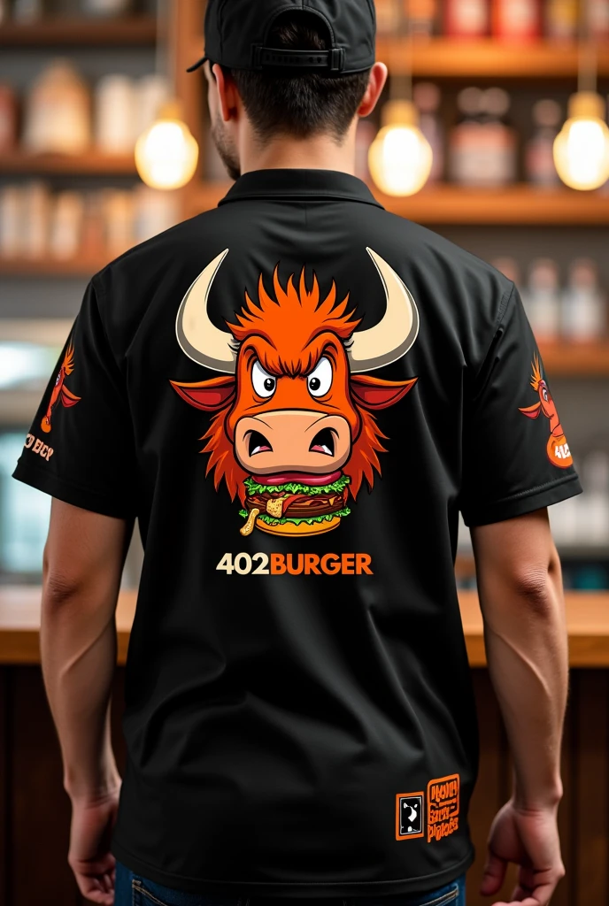 Design a uniform for my burger restaurant called 402 BURGER in black and orange, with the head of an animated buffalo or wild boar printed on the back of the shirt biting into a hamburger in a fun way and on the front our 402 BURGER logo