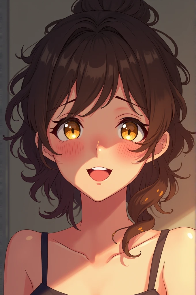 anime screenshot, screen cap, 16 year old girl, curly messy brown hair, subtle freckles, yellow eyes, pretty smile, attractive appearance
