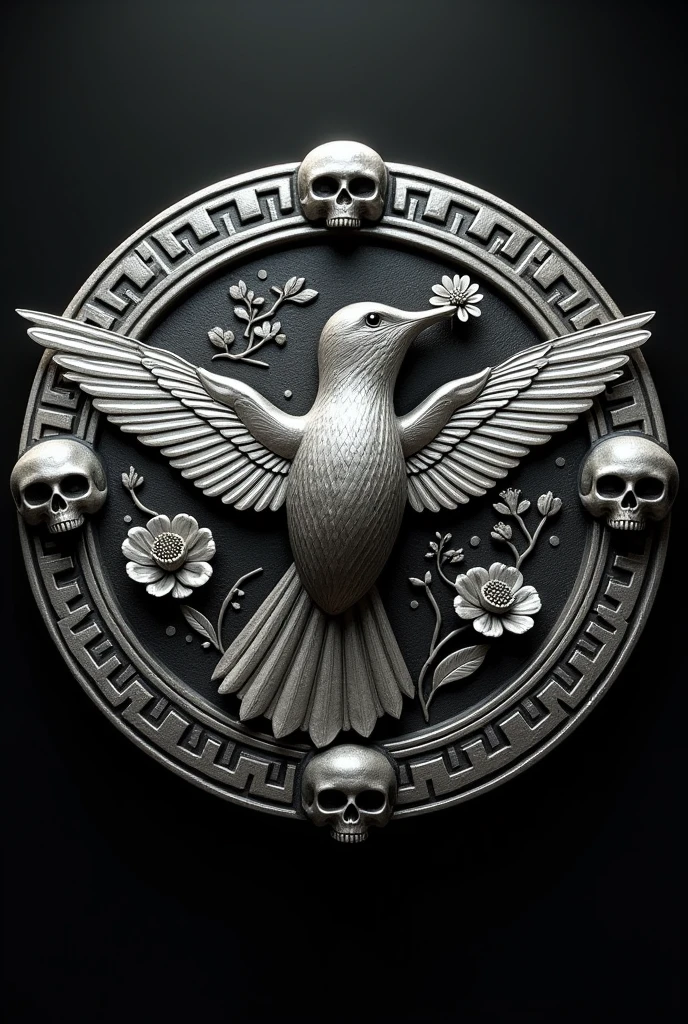 Round medal of a Mictlan hummingbird with Aztec culture motifs and skulls and with a marigold flower under its beak and wings, all in silver and a black background.