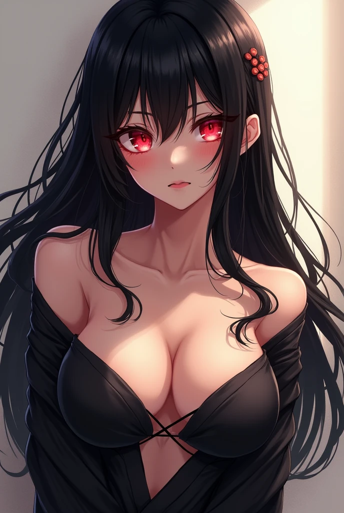 Anime girl with red eyes and long black hair showing her tits