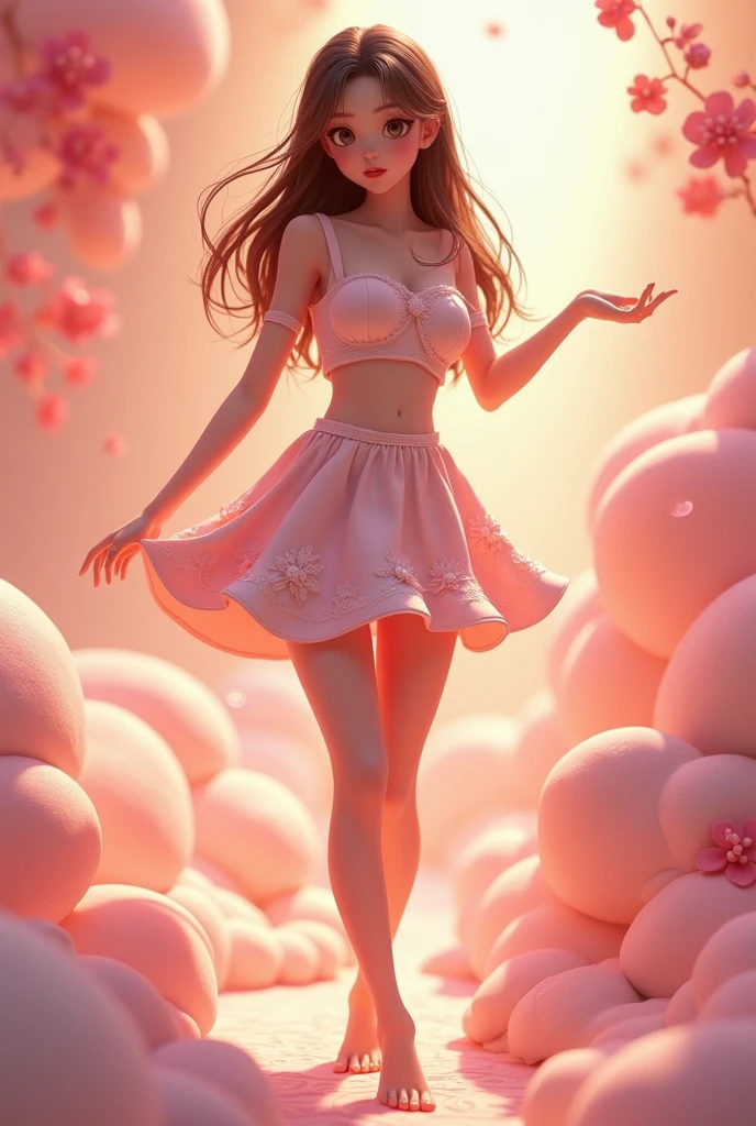 a pretty girl, perfect body, big thighs, miniskirt, clay like artstyle, kawaii style, pixar style, dynamic pose, dreamlike aesthetic