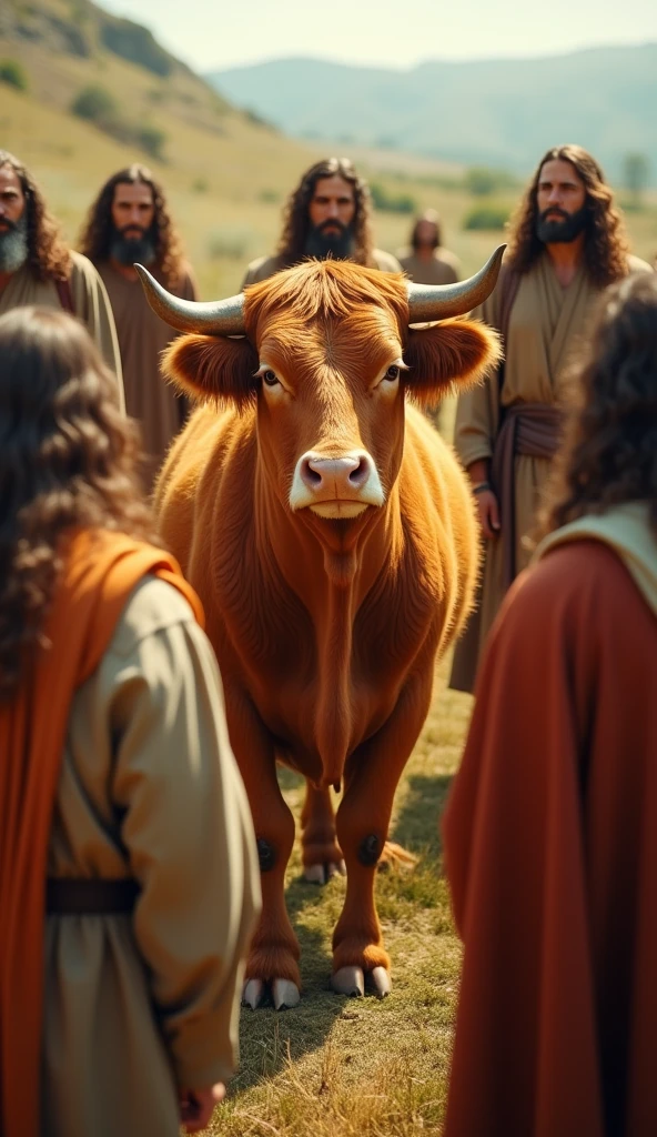 A bright yellow cow surrounded by men from the ancient Israelites with long hair and long beards, wearing simple, old-fashioned clothes.  