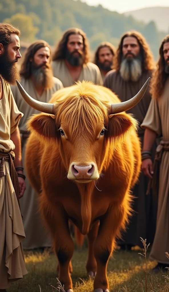 A bright yellow cow surrounded by men from the ancient Israelites with long hair and long beards, wearing simple, old-fashioned clothes.  