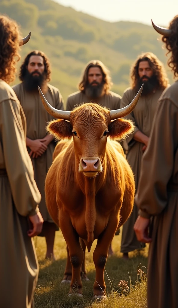 A bright yellow cow surrounded by men from the ancient Israelites with long hair and long beards, wearing simple, old-fashioned clothes.  