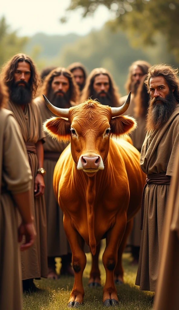 A bright yellow cow surrounded by men from the ancient Israelites with long hair and long beards, wearing simple, old-fashioned clothes.  