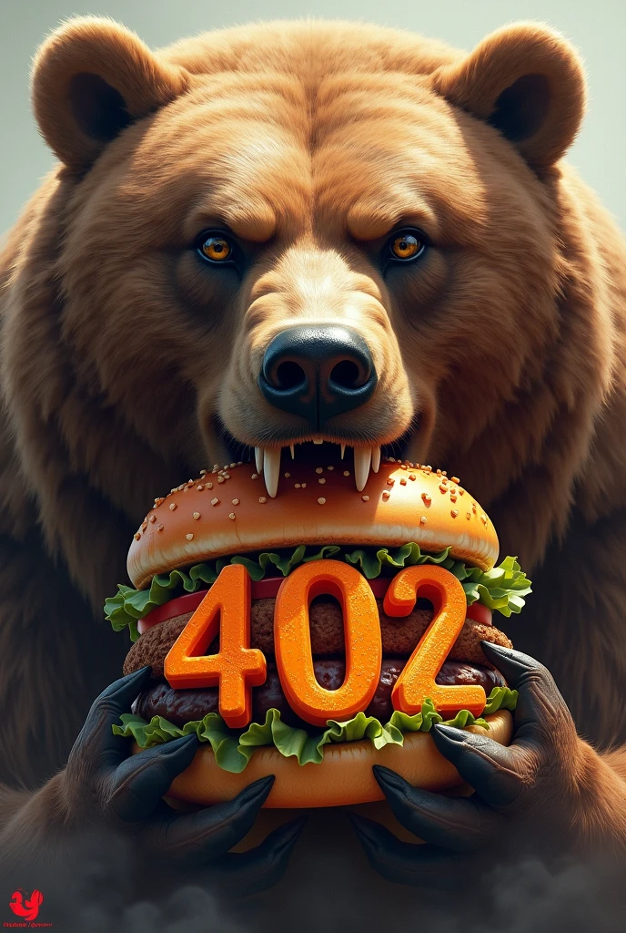 Design the face of a bear biting a hamburger and in the middle of the hamburger put the numbers 402 in white outlined in orange and make the bear's face look forward..