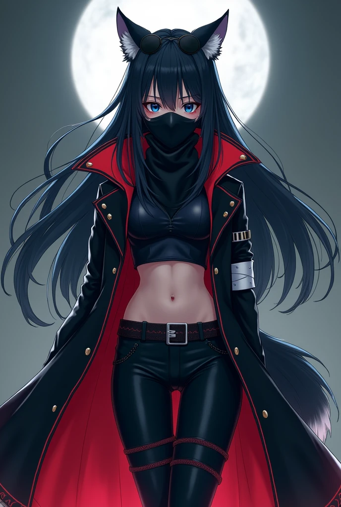 ((masterpiece, Anime)) Wolf girl, 24 years, long wolf's tail, female, Short black hair with white tips, handsome, slender, dark priest with balck and red open long coat, blue eyes, cultist, solo, one character, Long clothes. Black bandana covering the mouth and reinforced pants in colors that match the outfit. White armband, Sunglasses with round lenses on her nose.