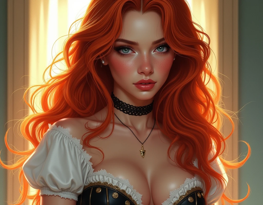 ((Miss Fortune)), ((Very detailed face)), ((masterpiece)), ((sunlight through hair)), bright background, Caucasian girl, long red hair, blue eyes, huge breasts, blush, Looking at the viewer seductively, She wears a tight white blouse with a corset., light freckles