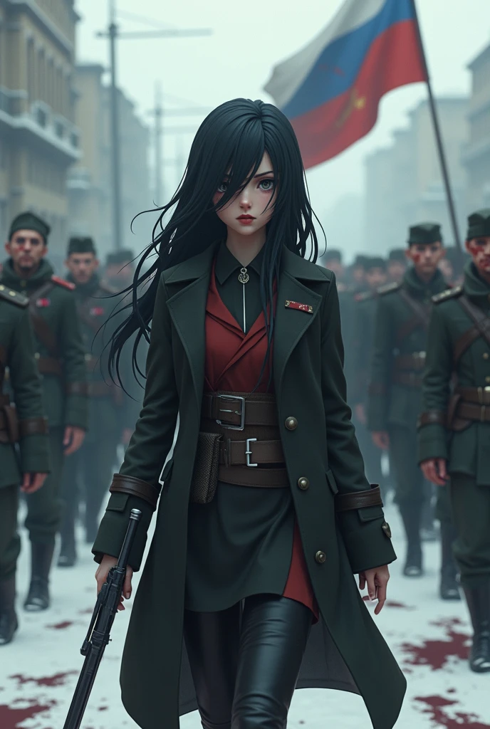 Anime dictator girl with hair covering one eye with other communist girls dirty of blood  in the russian city in snow with dead bodies in floor with URRS flag in background 3D animation