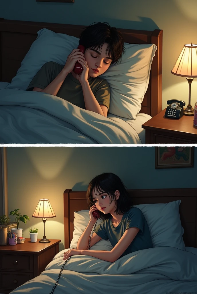 A 15 year old boy lying in his bed sick, In another painting a girl is pointed out in her room, They are both white and talk on the phone