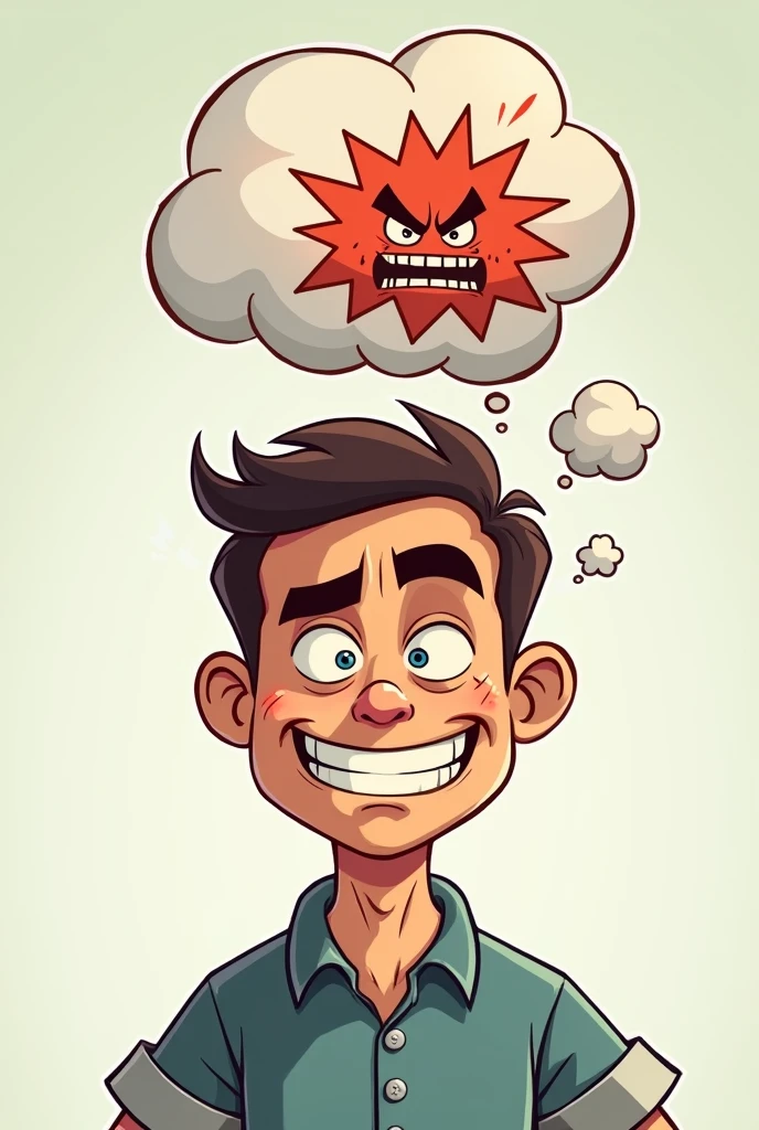 1. **fund**: Use a simple background, like a clear wall, to highlight the figure.
2. **persona**: Draw a figure of a person in a front position.
3. **muka**: The other side must show a fake smile, with eyes perhaps a little forced to give the idea that it is not sincere.
4. **thought balloon**: above the person's head, draw a thought bubble. Inside the balloon, put the face with the angry expression, as if it were what the person was really thinking.
5. **Colors and Details**: Use contrasting colors for facial expressions and add details like sweat or veins on the angry side to emphasize the emotion., It has to be Cartoonized 6.**Gender**: has to be a man