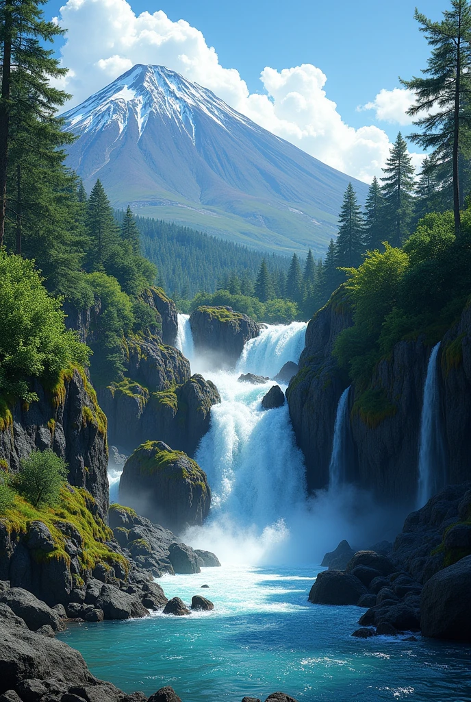 I want to generate an illustration of the Petrohue falls and the Osorno volcano in Chile