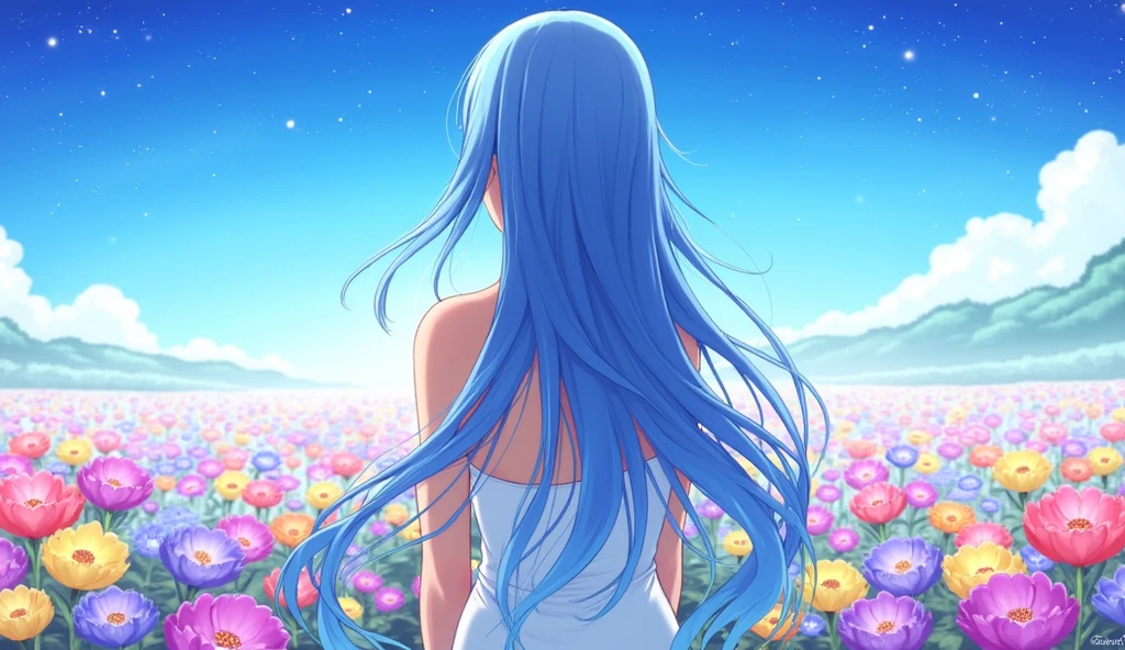 1people々々々々々々々々々々々々々々々,Blue long-haired woman, White camisole,silhouette, Rear View,Space Sky, Flower Field,Colorful flowers