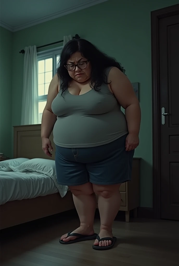 An elderly woman aged 65, with an easy, suffering expression and strong features, with an obese body weighing 70 kilos, 160 centimeters tall, thick legs and very large, saggy breasts, with long black hair. She is wearing thick-framed prescription glasses., a short skirt just 20 centimeters long, a low-cut tank top and flip-flops. She is seen in full body as she bends down to pick up a small object from the floor in a humble bedroom at night with the lighting dimmed..