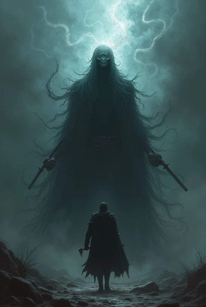 RPG Illustration A dark sorcerer casts a malicious spell, enveloping a distant enemy in a black, suffocating aura. As the curse takes effect, the victim's body begins to shake and weaken, their muscles waste away, and their weapons seem to weigh tons. Dark, twisted shadows snake around the body of the cursed, draining his strength and leaving a dull glow in his eyes. The environment around the enemy seems to fade, becoming cold and oppressive, as if the very life energy is being sucked away."
