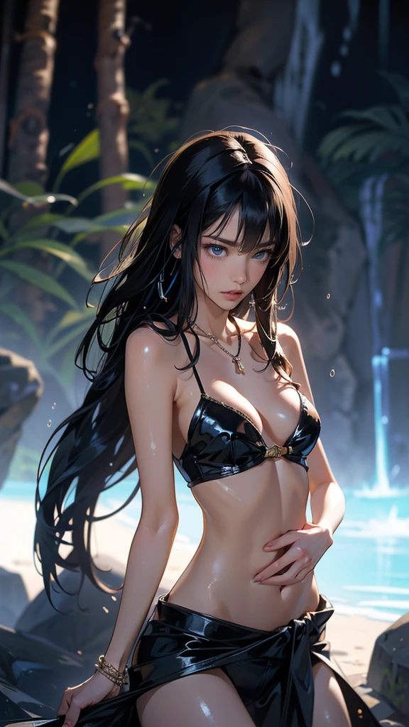 （tmasterpiece）， best qualityer， 1girll， middle finger， 独奏， eBlue eyes， brown  hair， long whitr hair， nedium breasts， cparted lips， ，  jewely， looking at viewert， nipple piercing， nail polish，  Japanese swimsuit bikini