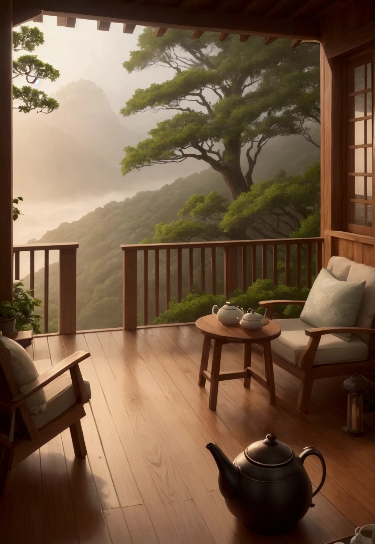 The picture depicts a serene scene of a wooden balcony with a view of lush greenery after rain. In the foreground, there’s a wooden table with a traditional teapot and two cups, suggesting a setting for tea. A lit lamp on the left provides warm lighting, contrasting with the cool tones of the rainy environment. The background reveals multiple layers of foliage and trees, with mist partially obscuring the distant landscape. The overall atmosphere is one of tranquility and natural beauty, possibly evoking feelings of relaxation or contemplation, take photo with dslr 50mm lens, Cold tone color --v 6.0 --ar 16:9 --s 750