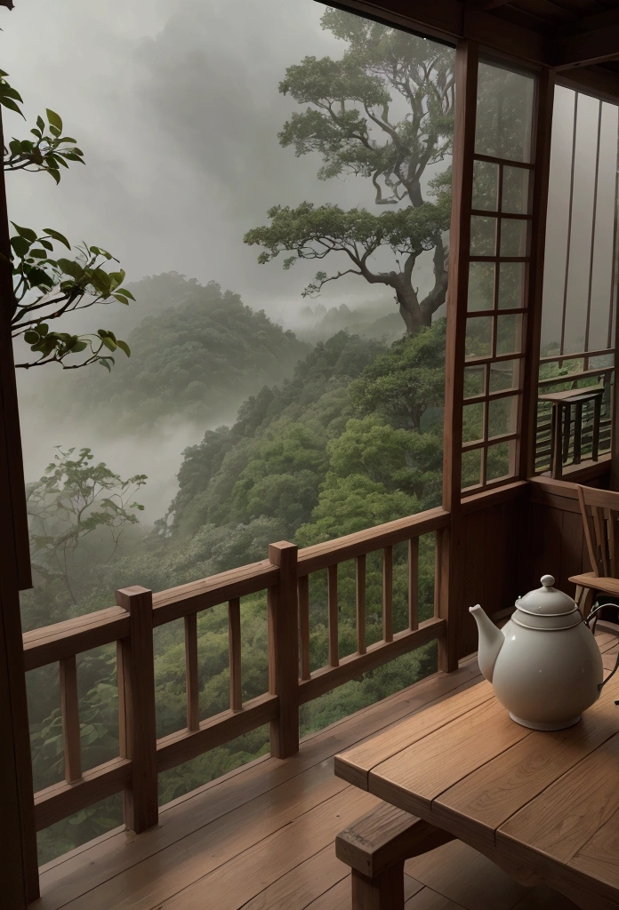 The picture depicts a serene scene of a wooden balcony with a view of lush greenery after rain. In the foreground, there’s a wooden table with a traditional teapot and two cups, suggesting a setting for tea. A lit lamp on the left provides warm lighting, contrasting with the cool tones of the rainy environment. The background reveals multiple layers of foliage and trees, with mist partially obscuring the distant landscape. The overall atmosphere is one of tranquility and natural beauty, possibly evoking feelings of relaxation or contemplation, take photo with dslr 50mm lens, Cold tone color --v 6.0 --ar 16:9 --s 750