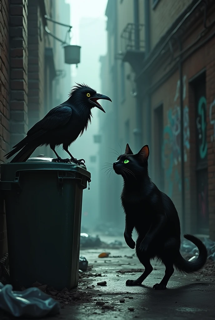 scared crow warning about something to green-eyed black cat in alley