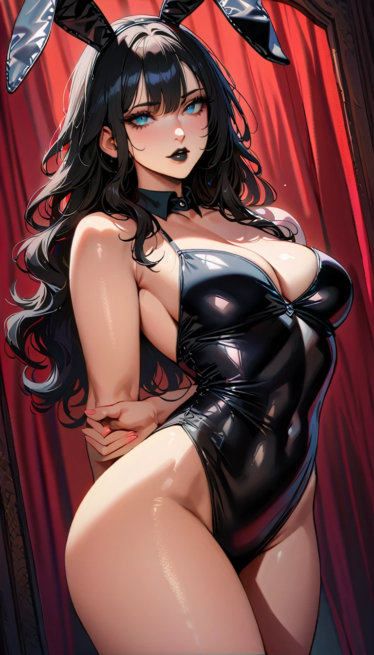 (high quality, 8k, 4K, high contrast, artwork:1.2, high quality, best aesthetics), (centered), ((1 woman)), erotic, sensual, mature body, grown woman, super detailed, beautiful face detailed, beautiful eyes detailed, detailed beautiful mouth, (long black wavy hair), (light blue eyes), (black eyeliner), (black eyeshadow), (black lipstick), (relaxed expression), (serious penetrating gaze), (looking at the viewer), (standing), (straight body posture), (front view of woman), (women's black bunny costume), (hands behind back), (black bunny ears)