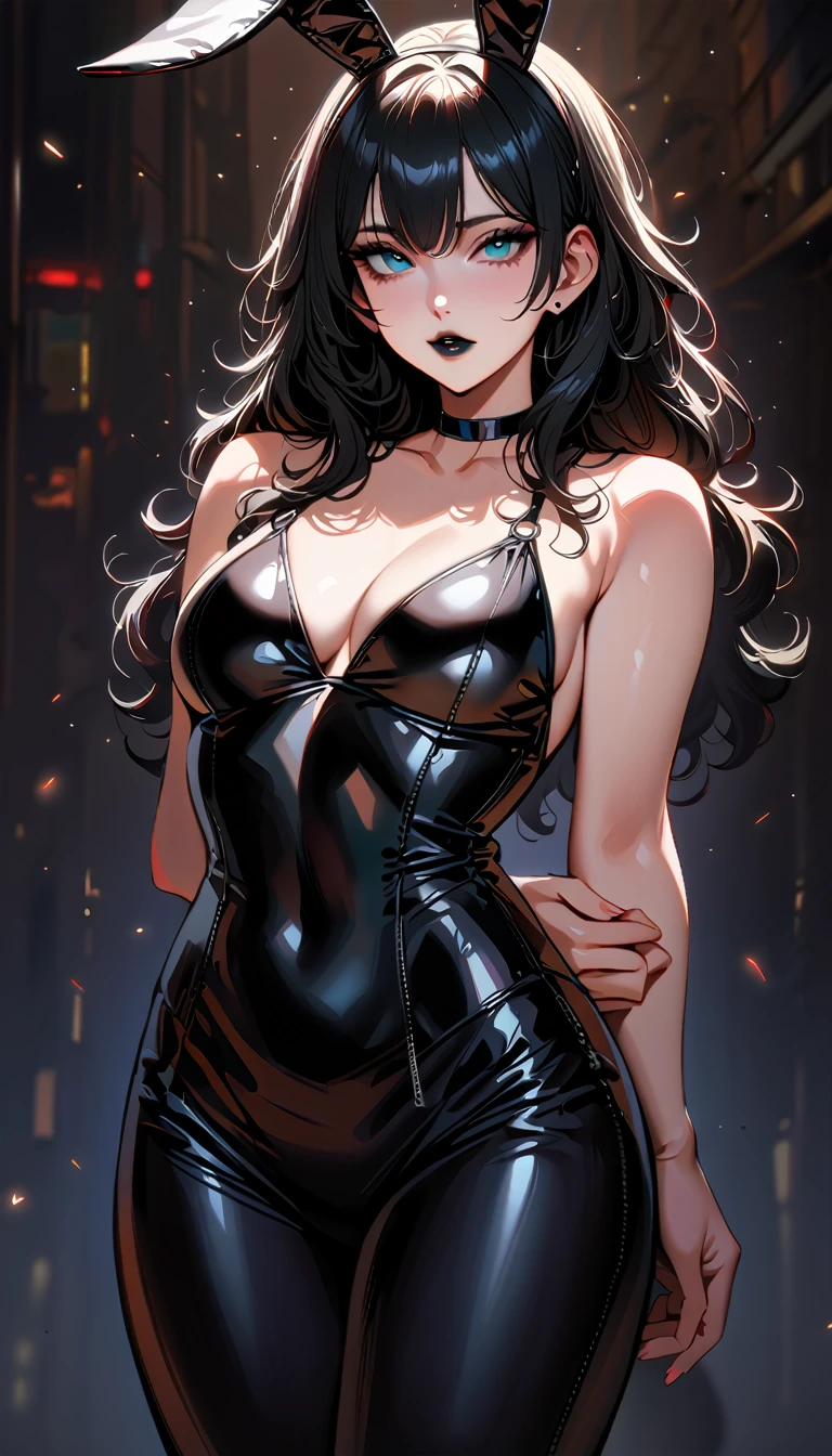 (high quality, 8k, 4K, high contrast, artwork:1.2, high quality, best aesthetics), (centered), ((1 woman)), erotic, sensual, mature body, grown woman, super detailed, beautiful face detailed, beautiful eyes detailed, detailed beautiful mouth, (long black wavy hair), (light blue eyes), (black eyeliner), (black eyeshadow), (black lipstick), (relaxed expression), (serious penetrating gaze), (looking at the viewer), (standing), (straight body posture), (front view of woman), (women's black bunny costume), (hands behind back), (black bunny ears)