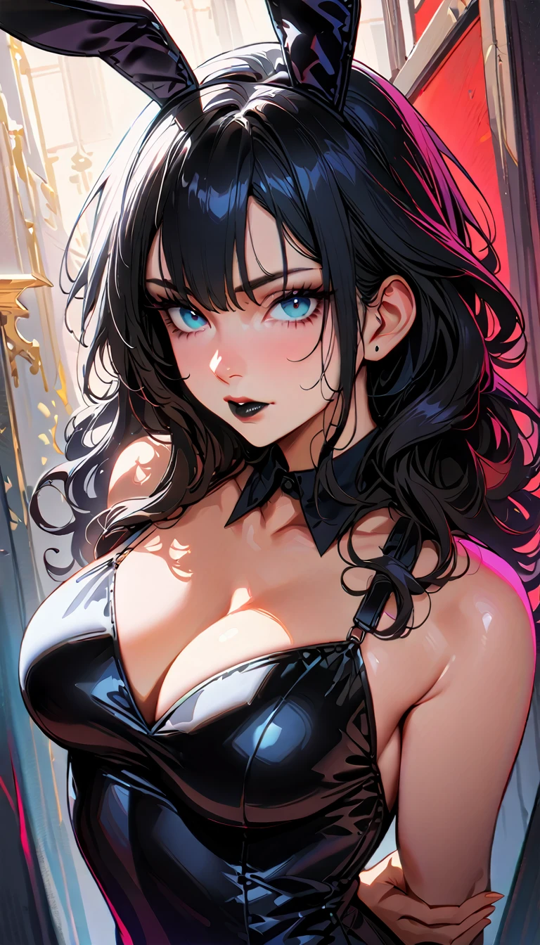 (high quality, 8k, 4K, high contrast, artwork:1.2, high quality, best aesthetics), (centered), ((1 woman)), erotic, sensual, mature body, grown woman, super detailed, beautiful face detailed, beautiful eyes detailed, detailed beautiful mouth, (long black wavy hair), (light blue eyes), (black eyeliner), (black eyeshadow), (black lipstick), (relaxed expression), (serious penetrating gaze), (looking at the viewer), (standing), (straight body posture), (front view of woman), (women's black bunny costume), (hands behind back), (black bunny ears)