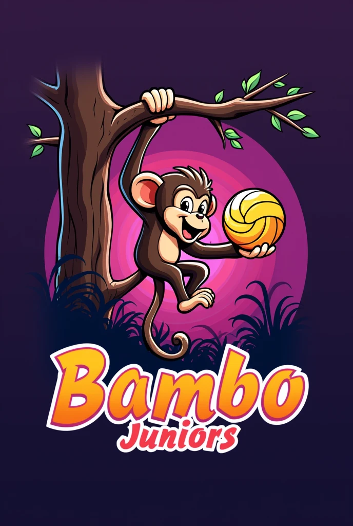 create logo of volleyball team with monkey hanging of a tree with a voleyball ball and with purple backgruound and make a text that says "bambo juniors"