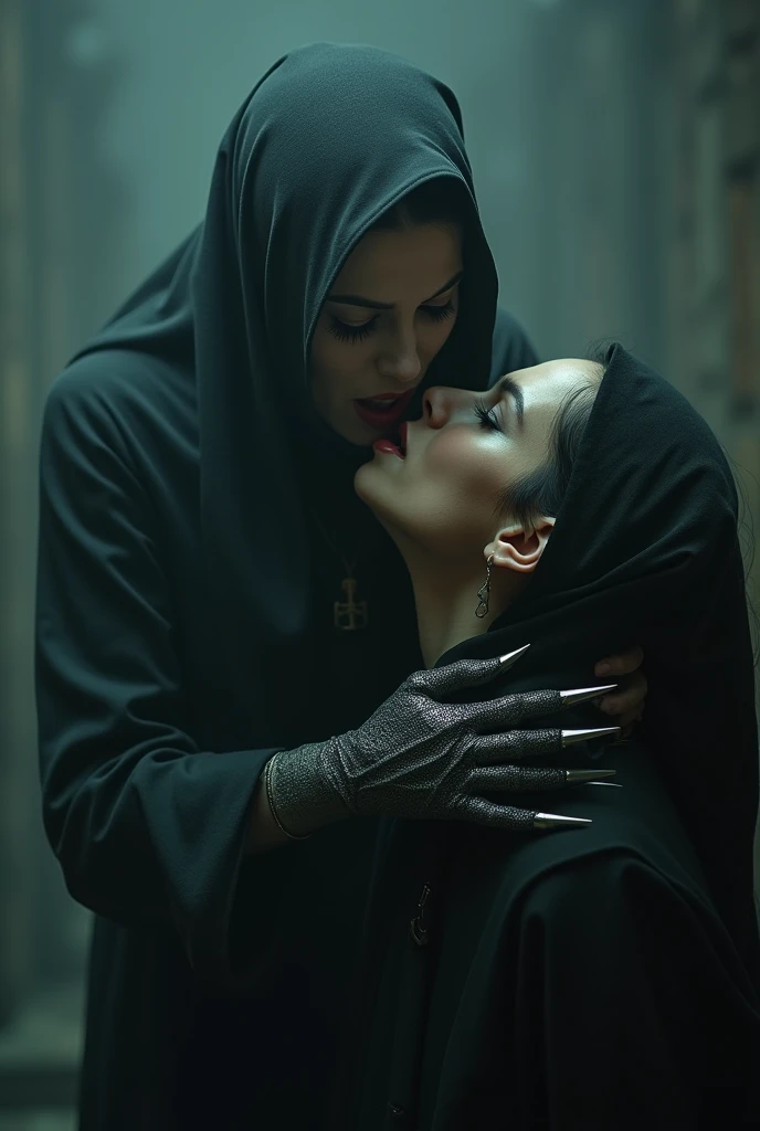 A vampire woman wearing a hijab wearing nail gloves is strangling a woman's neck