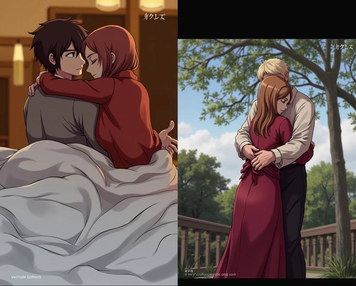 Person in the right hugs the left person and the left person hugs the right person,