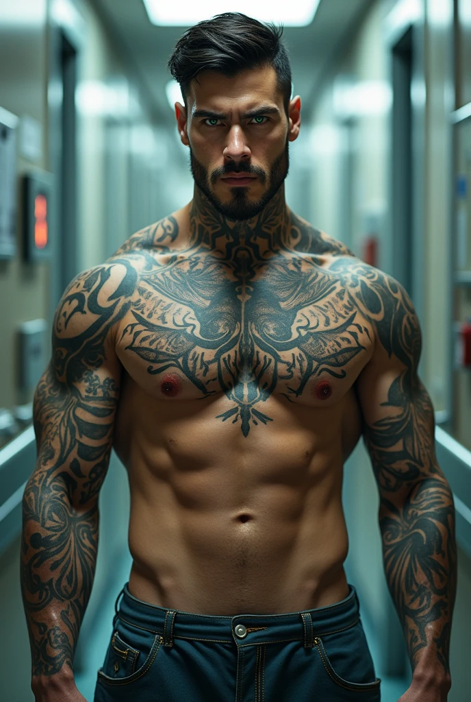 Tattooed doctor male, muscles, dark hair, green eyes