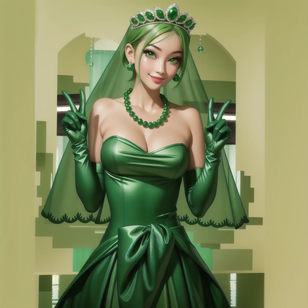 Emerald tiara, Green Pearl Necklace, ボーイッシュな非常に短いGreen Hair, Green Lips, Smiling Japanese woman, Very short hair, Busty beautiful lady, Green Eyes, Green satin long gloves, Green Eyes, Emerald Earrings, Green veil, all, Green Hair, Beautiful Japanese Woman, green lip gloss