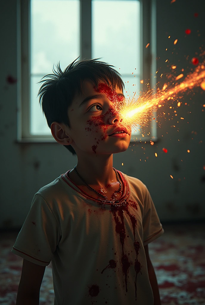 There is a  in room of a building and the window was open. Then a bullet from an army's rifle from a helicopter hit the boy's forehead and come out from his backside of his head and then hit his backside's wall