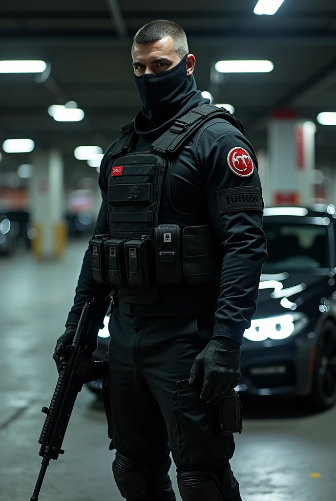 A man in a black tactical top with a Türkiye emblem on his arm. He wears black tactical pants. The man is 185cm tall and stocky built. He is wearing black dirty boots. The man has black eyebrows, a Turkish nose, brown eyes and wears a black ski mask. The man stands in the dark on a shopping car park in Germany. Behind him you can see the parking spaces and directly a black BMW E60 with the Angel Eyes headlights shining in the background. The man holds an M16 with one hand.