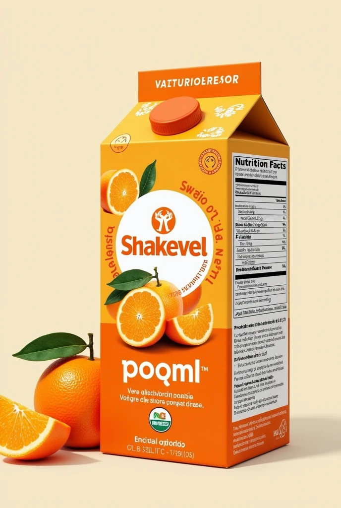 I need an orange protein shake, in the name "shakevel", in a box, with light orange and dark orange details, an orange tree in the package, I want the entire label in Portuguese, with information that it is zero added sugar, zero lactose, zero added fat, 100% protein, it has to have 230 ML, with lid to drink straight from the box, and all information in Portuguese - Brazil.