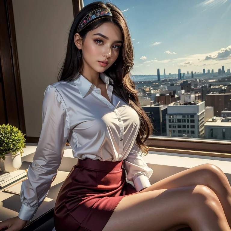 (​masterpiece, best quality:1.5), highest quality, High resolution, super detailed, Realists, Full body photo of a black-haired 22-year-old woman, detailed and beautiful eyes, beautiful detailed lips, very detailed eyes and face, longeyelashes, 22 year old woman in an office outfit, Beautiful and colorful makeup, elegant and noble々Pose,shiny satin headband,, Office as background, bright daylight, bright colors, fine brushstrokes, Portrait style, beautiful color palette, glowing skin, First-class rendering, that captures every detail, enchanting atmosphere, (perfect anatomy:1.2), (The stunning woman wears a suit with skirt,magnificent panorama view:1.2)