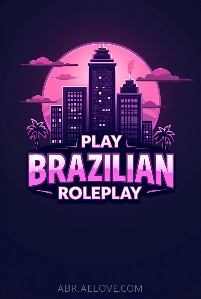 A logo for a roleplay server, buildings in the background with a purple theme, Written "PLAY BRAZILIAN ROLEPLAY"