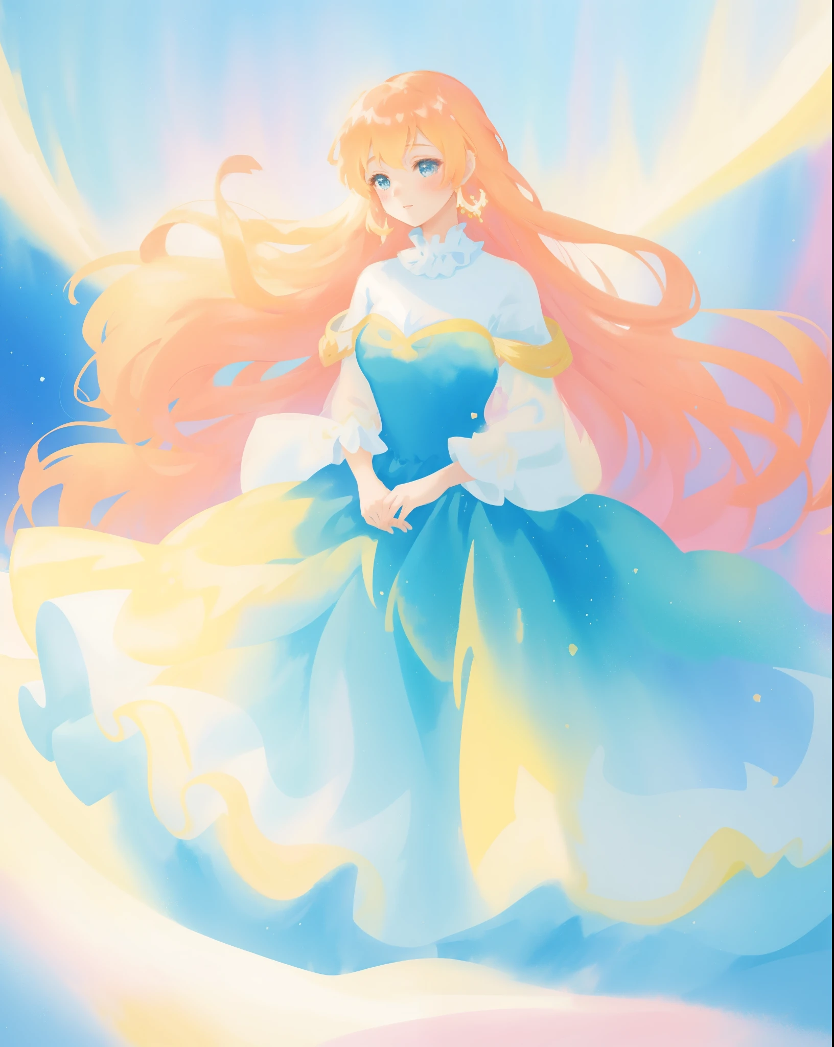 beautiful girl in a gradient blue princess ballgown with puffy long sleeves, long flowing gold peach hair, liquid theme, colorful fantasia background, watercolor illustration, disney art style, beautiful digital illustration, beautiful, masterpiece, best quality, anime disney style, beautiful face