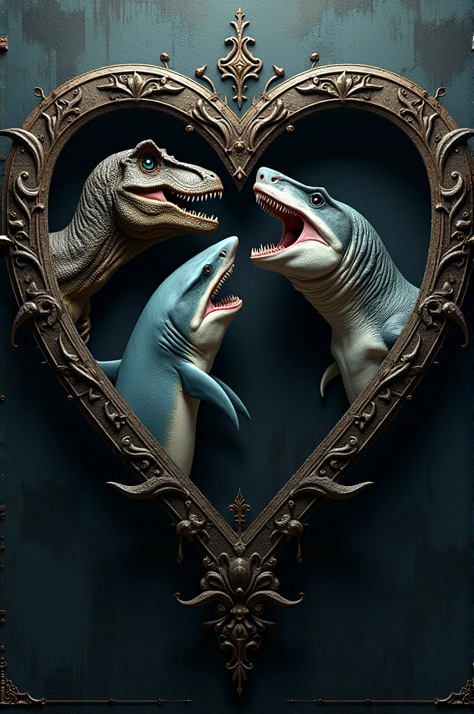 Shark and dinosaur inside a heart with Gothic style